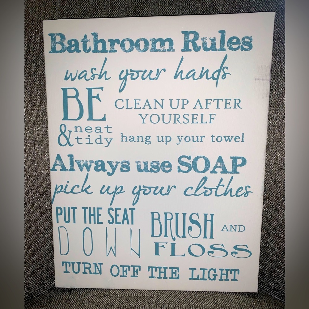 Bathroom Rules White and Teal Gallery Wrapped Canvas